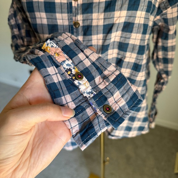 Pilcro Anthropologie Tavi Plaid Button Down Navy Pink Ruffle Collar Shirt Top XS - Picture 4 of 9